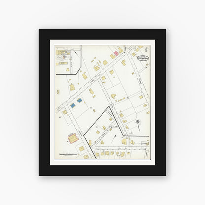Old map wall art mockup — black gallery frame with white mat — Sanborn Fire Insurance Map from Christiansburg, Montgomery County, Virginia (1921), Sheet #0005