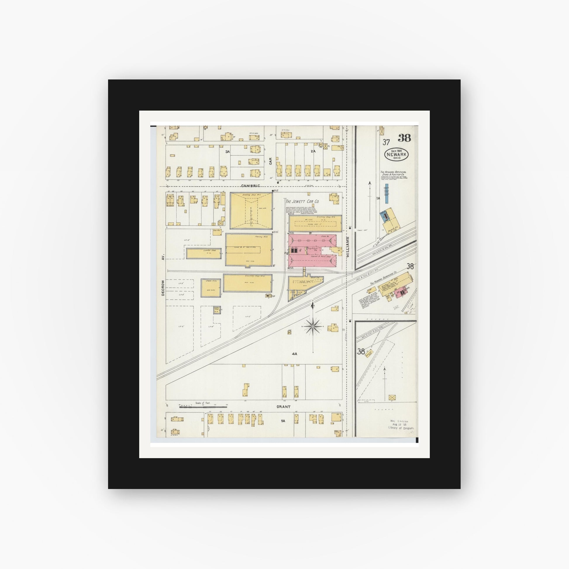 Old map wall art mockup — black gallery frame with white mat — Sanborn Fire Insurance Map from Newark, Licking County, Ohio (1905), Sheet #0038