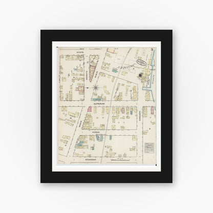 Old map wall art mockup — black gallery frame with white mat — Sanborn Fire Insurance Map from Oconto, Oconto County, Wisconsin (1883), Sheet #0003