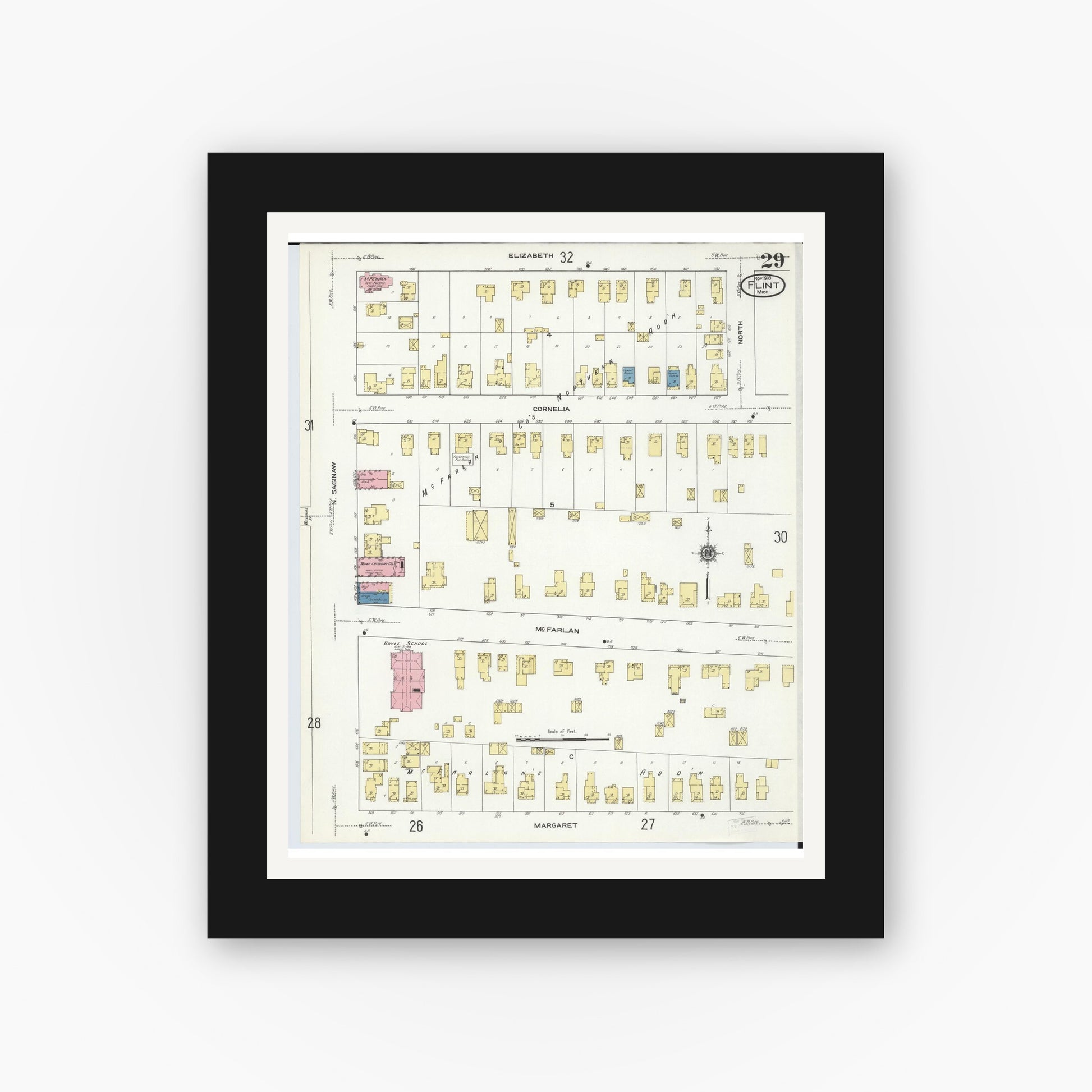 Old map wall art mockup — black gallery frame with white mat — Sanborn Fire Insurance Map from Flint, Genesee County, Michigan (1909), Sheet #0029
