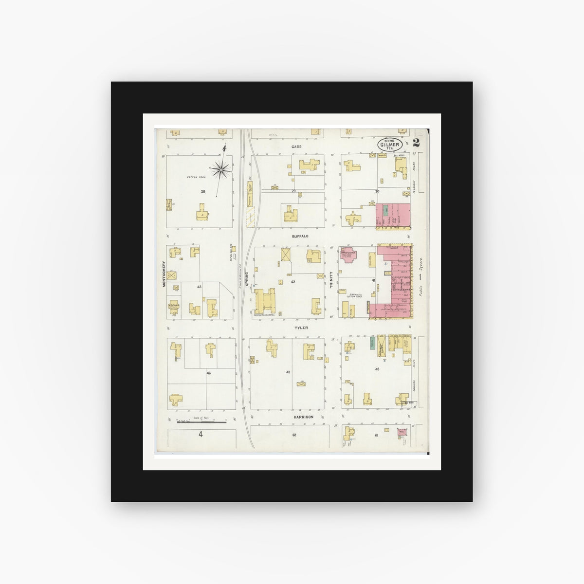 Old map wall art mockup — black gallery frame with white mat — Sanborn Fire Insurance Map from Gilmer, Upshur County, Texas (1902), Sheet #0002