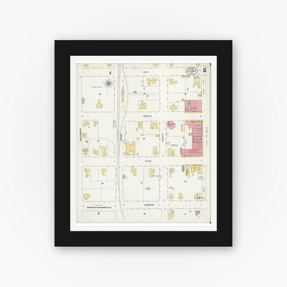 Old map wall art mockup — black gallery frame with white mat — Sanborn Fire Insurance Map from Gilmer, Upshur County, Texas (1902), Sheet #0002