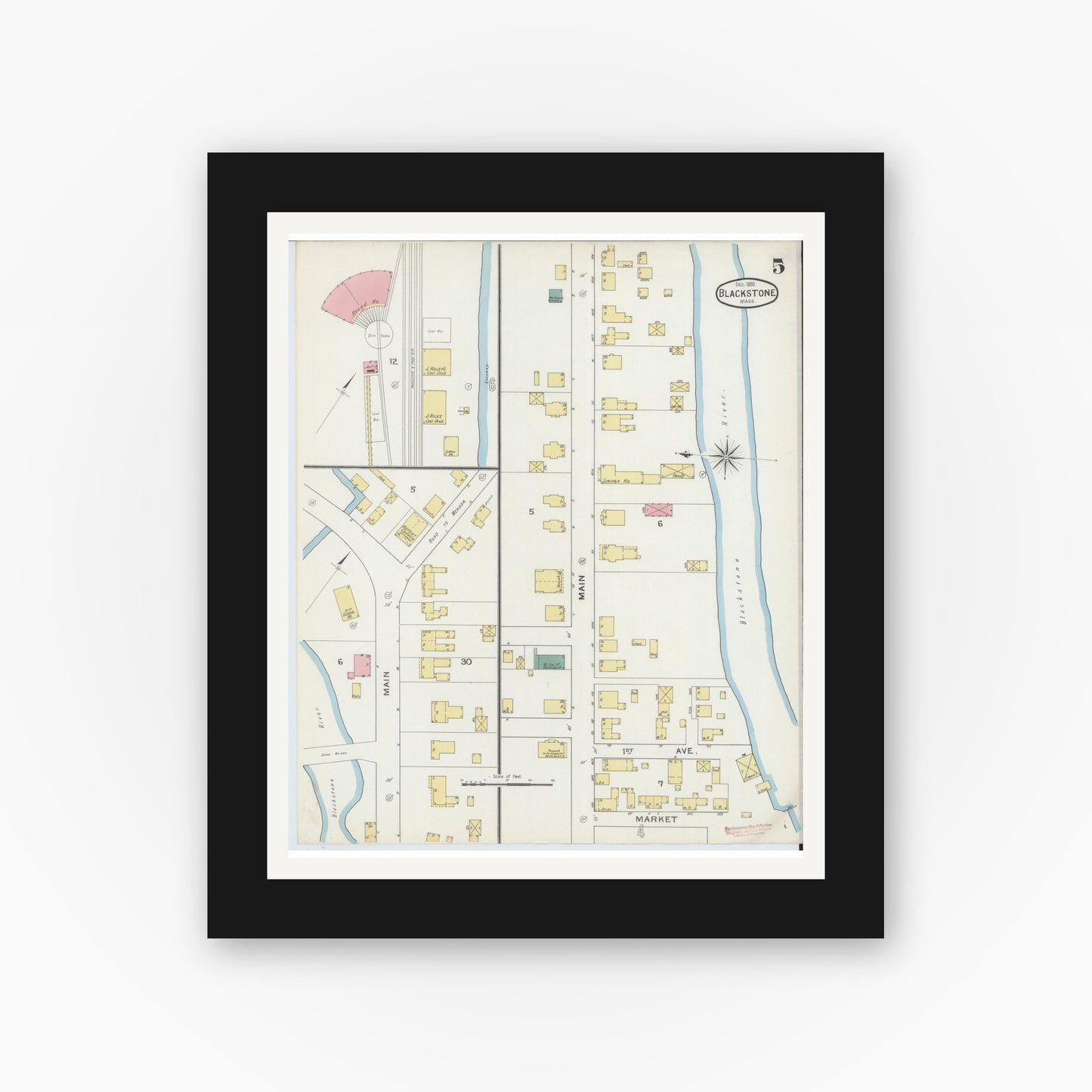 Old map wall art mockup — black gallery frame with white mat — Sanborn Fire Insurance Map from Blackstone, Worcester County, Massachusetts (1893), Sheet #0005