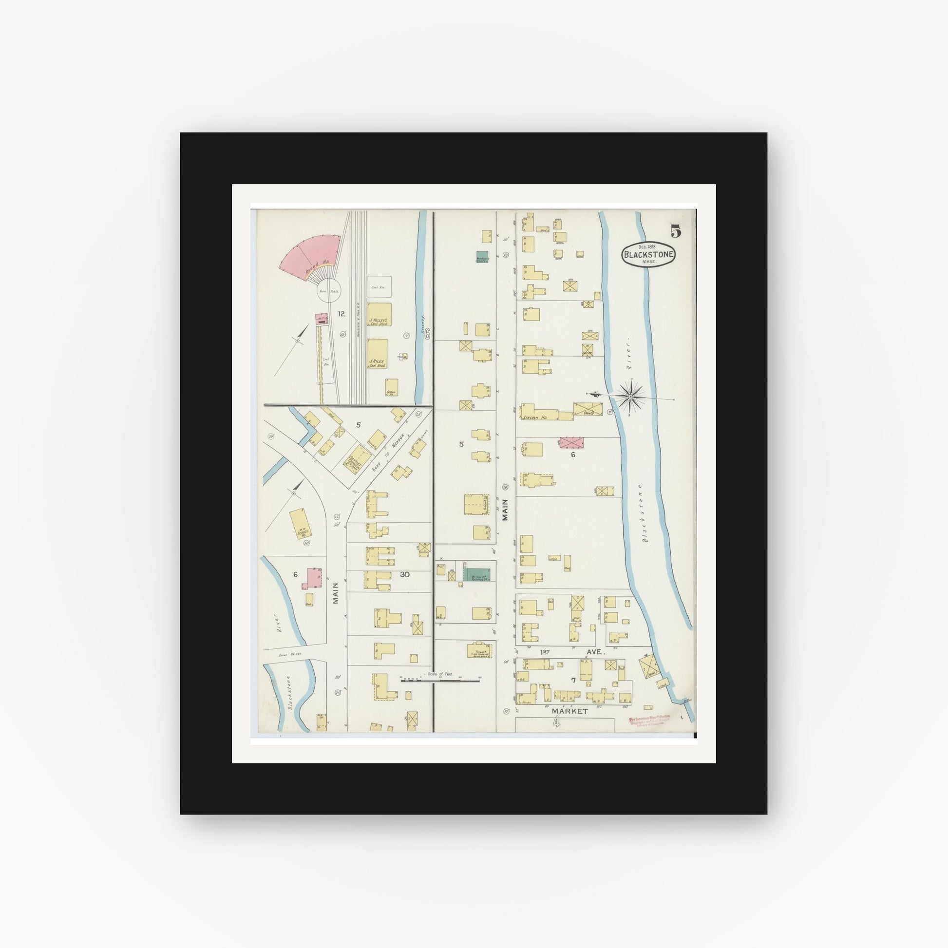 Old map wall art mockup — black gallery frame with white mat — Sanborn Fire Insurance Map from Blackstone, Worcester County, Massachusetts (1893), Sheet #0005