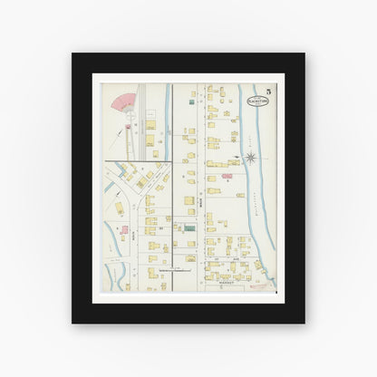 Old map wall art mockup — black gallery frame with white mat — Sanborn Fire Insurance Map from Blackstone, Worcester County, Massachusetts (1893), Sheet #0005