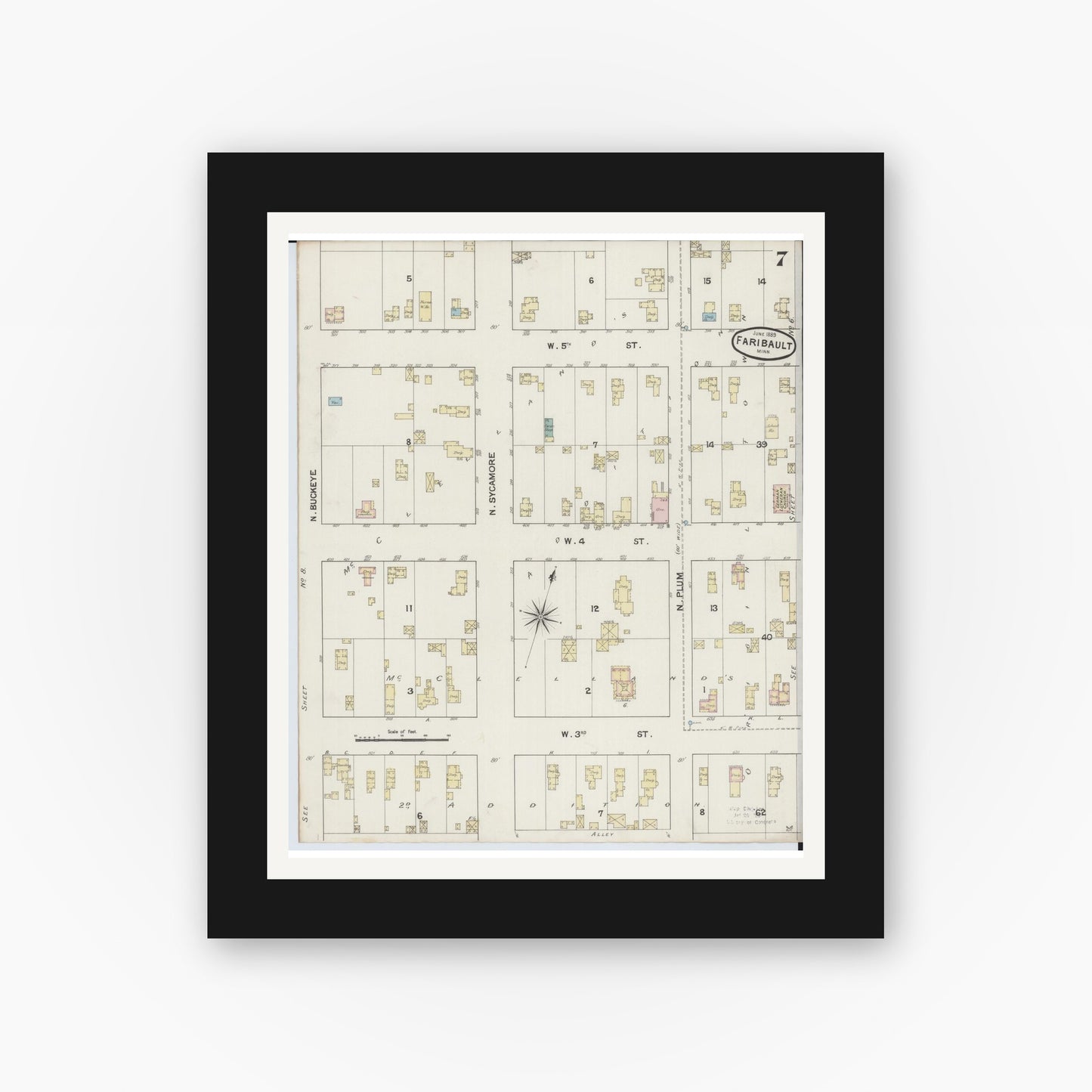Old map wall art mockup — black gallery frame with white mat — Sanborn Fire Insurance Map from Faribault, Rice County, Minnesota (1889), Sheet #0007