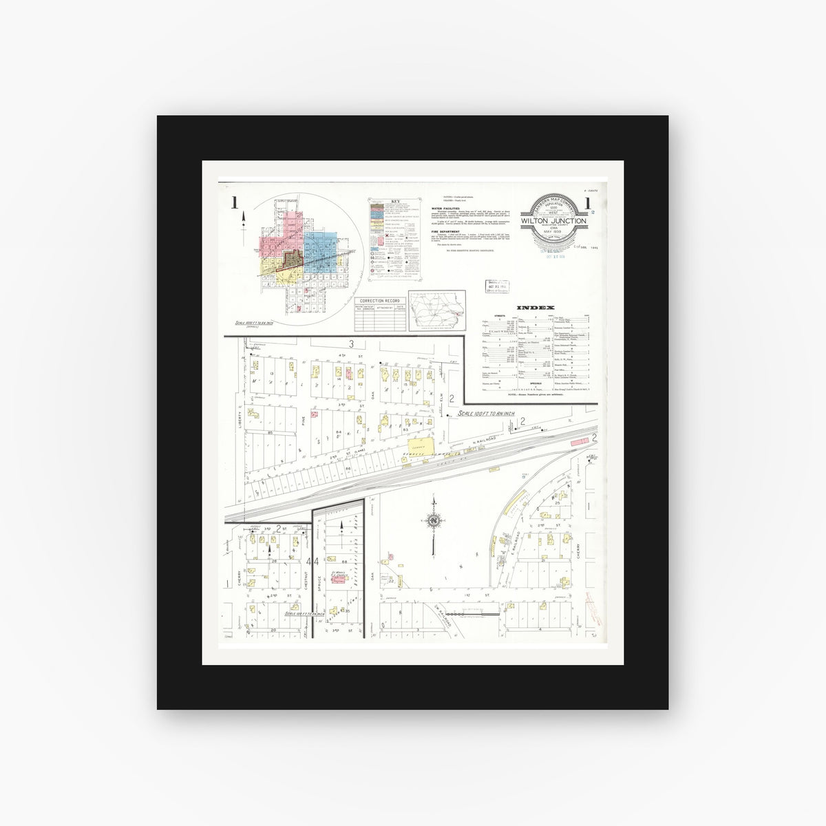 Old map wall art mockup — black gallery frame with white mat — Sanborn Fire Insurance Map from Wilton Junction, Muscatine County, Iowa (1939), Sheet #0001