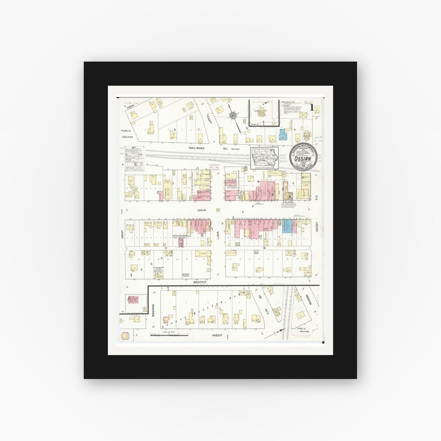 Old map wall art mockup — black gallery frame with white mat — Sanborn Fire Insurance Map from Ossian, Winneshiek County, Iowa (1914) â€” Complete Set