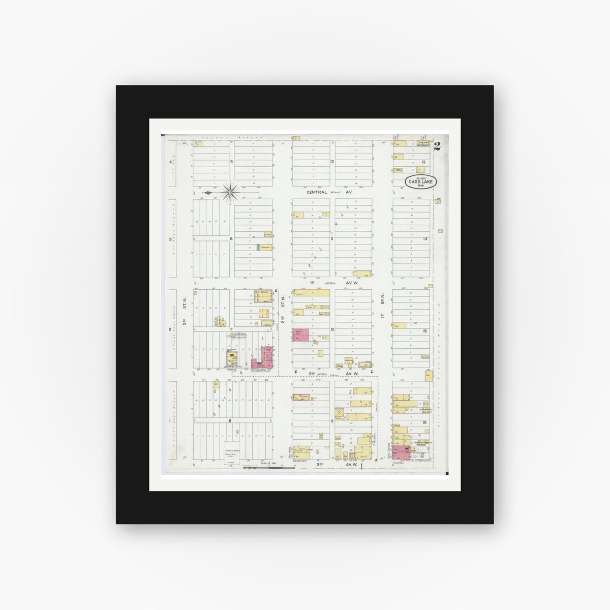 Old map wall art mockup — black gallery frame with white mat — Sanborn Fire Insurance Map from Cass Lake, Cass County, Minnesota (1900), Sheet #0002
