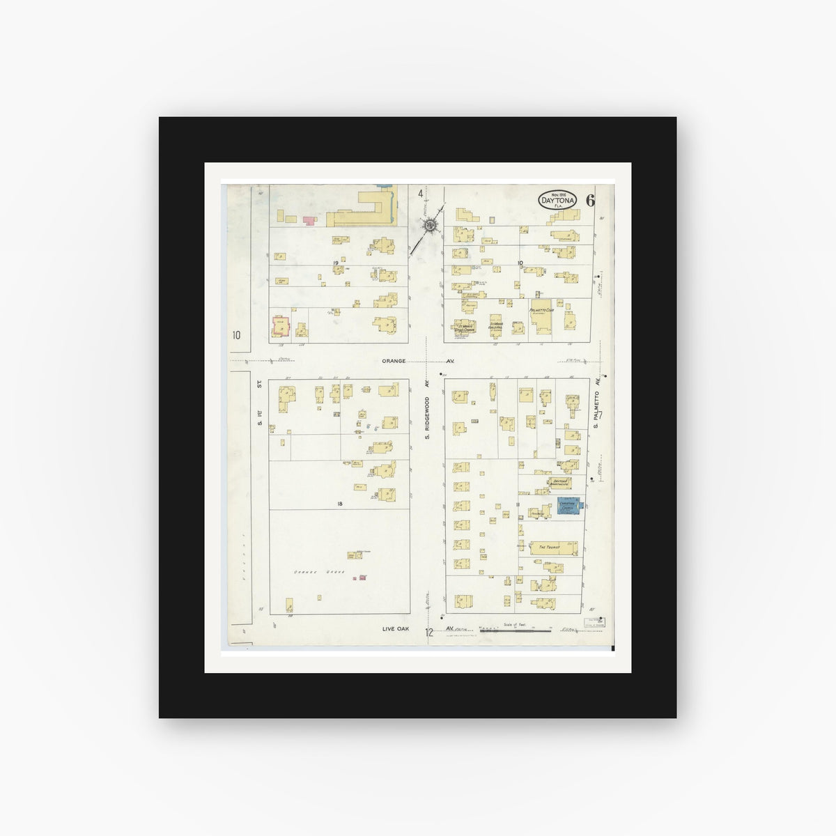 Old map wall art mockup — black gallery frame with white mat — Sanborn Fire Insurance Map from Daytona, Volusia County, Florida (1916), Sheet #0006