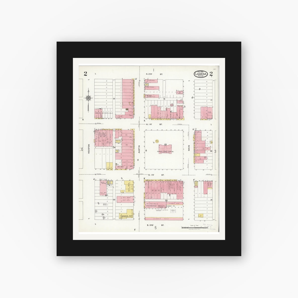 Old map wall art mockup — black gallery frame with white mat — Sanborn Fire Insurance Map from Lamesa, Dawson County, Texas (1925), Sheet #0002