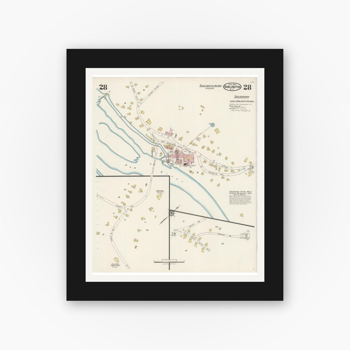 Old map wall art mockup — black gallery frame with white mat — Sanborn Fire Insurance Map from Burlington, Alamance County, North Carolina (1924), Sheet #0028