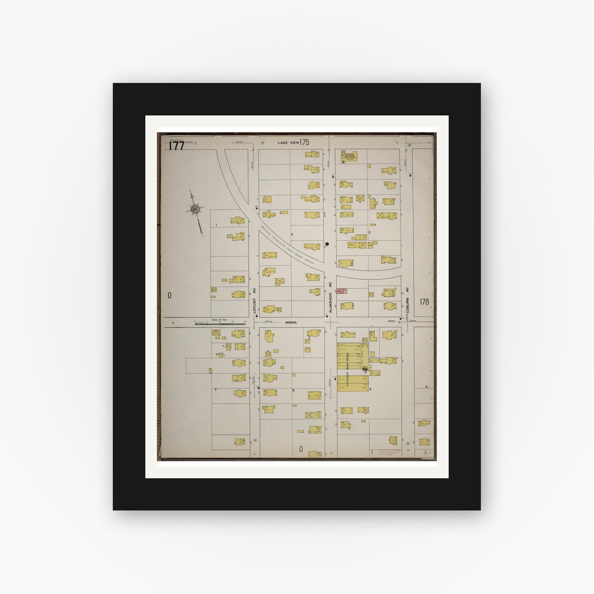 Old map wall art mockup — black gallery frame with white mat — Sanborn Fire Insurance Map from Worcester, Worcester County, Massachusetts (1910), Sheet #0177