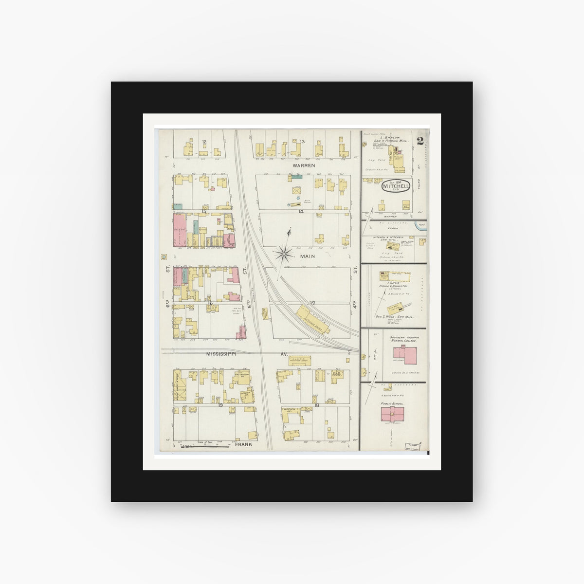 Old map wall art mockup — black gallery frame with white mat — Sanborn Fire Insurance Map from Mitchell, Lawrence County, Indiana (1894), Sheet #0002