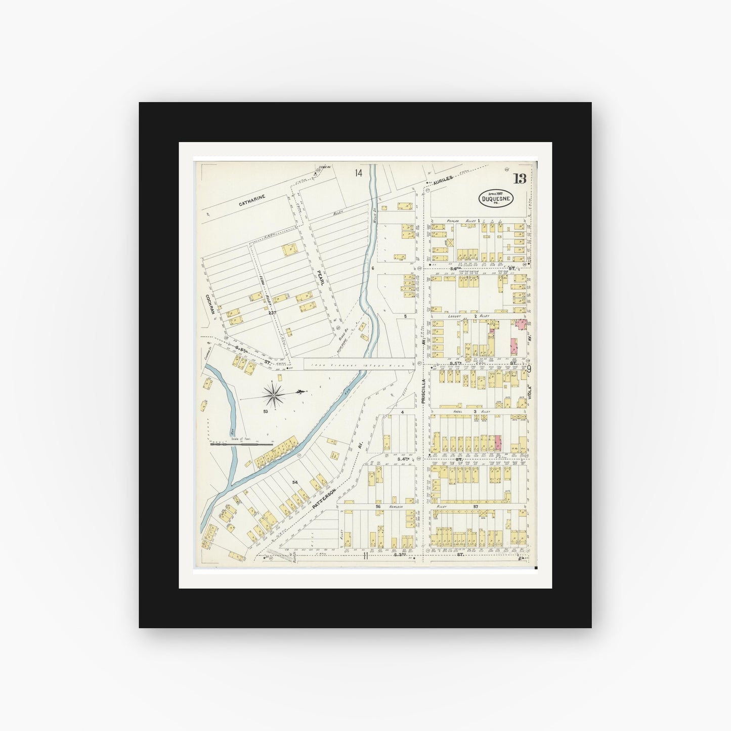 Old map wall art mockup — black gallery frame with white mat — Sanborn Fire Insurance Map from Duquesne, Allegheny County, Pennsylvania (1907), Sheet #0013