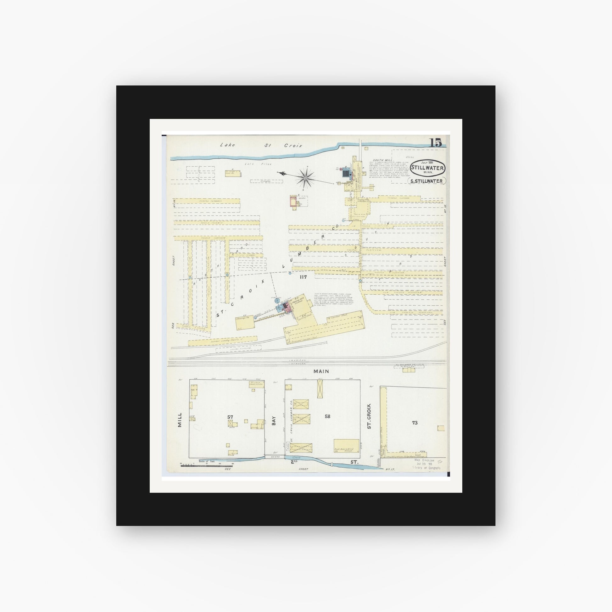 Old map wall art mockup — black gallery frame with white mat — Sanborn Fire Insurance Map from Stillwater, Washington County, Minnesota (1891), Sheet #0015