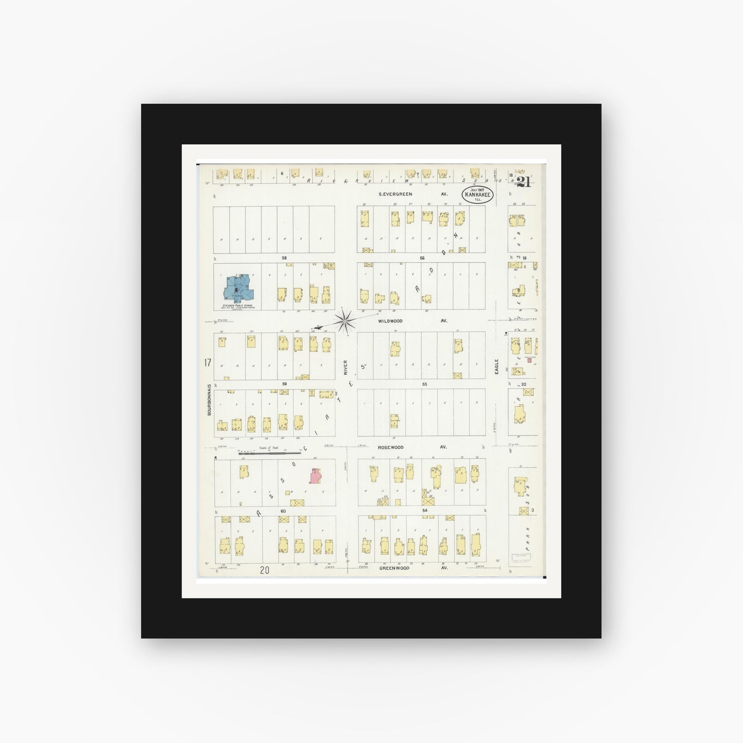 Old map wall art mockup — black gallery frame with white mat — Sanborn Fire Insurance Map from Kankakee, Kankakee County, Illinois (1907), Sheet #0021