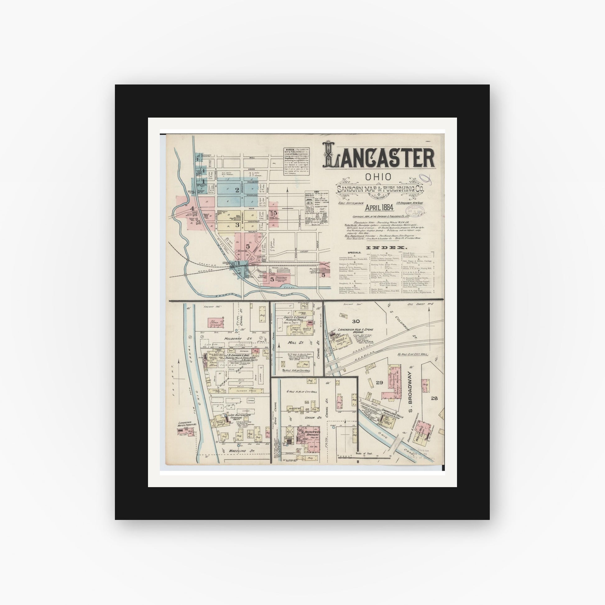Old map wall art mockup — black gallery frame with white mat — Sanborn Fire Insurance Map from Lancaster, Fairfield County, Ohio (1884) - Complete Map Set