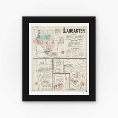 Old map wall art mockup — black gallery frame with white mat — Sanborn Fire Insurance Map from Lancaster, Fairfield County, Ohio (1884) - Complete Map Set