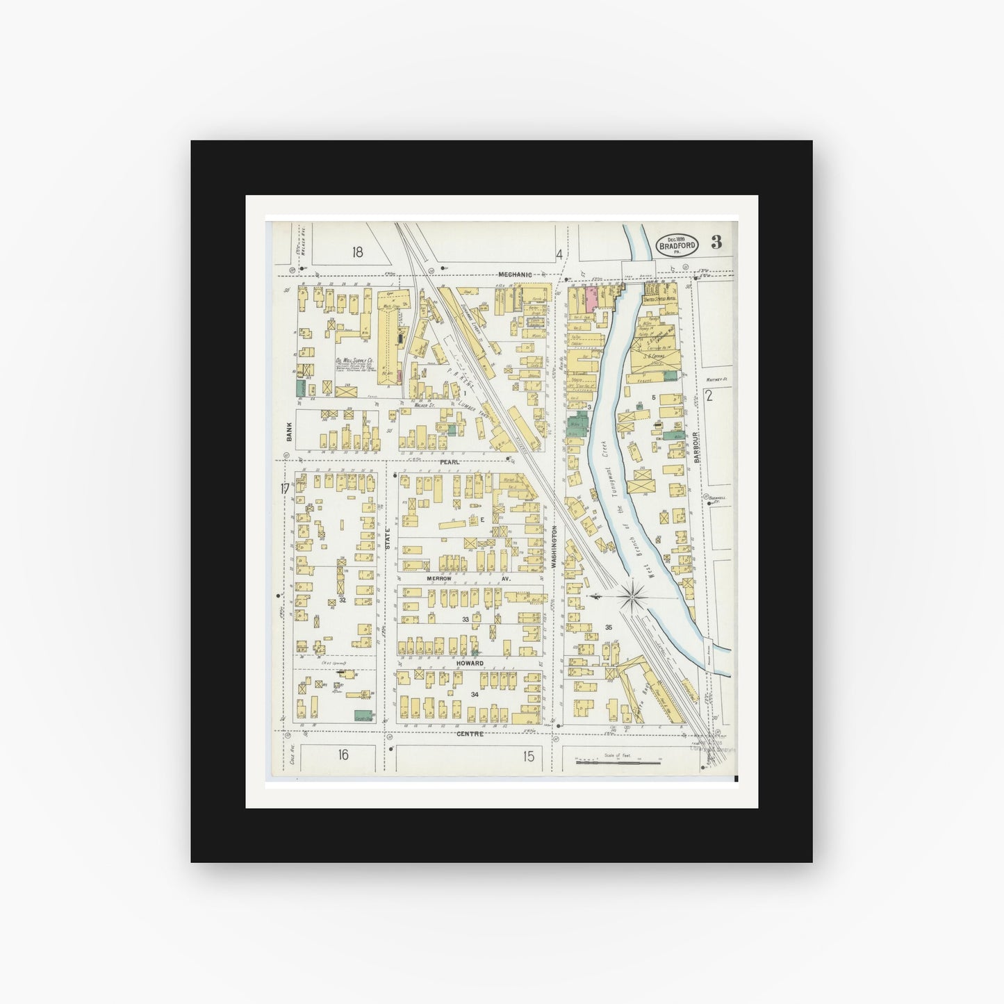Old map wall art mockup — black gallery frame with white mat — Sanborn Fire Insurance Map from Bradford, McKean County, Pennsylvania (1899), Sheet #0003