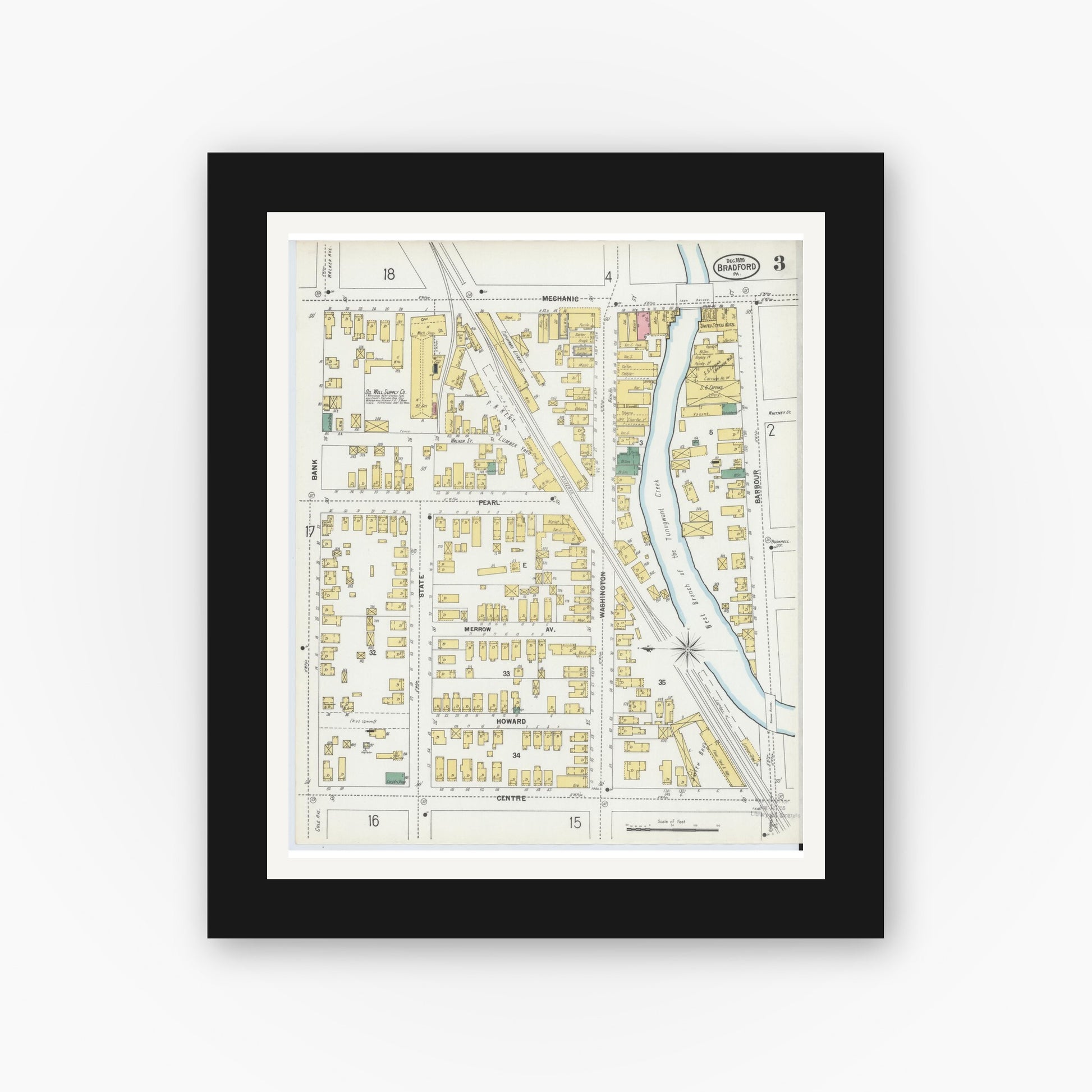 Old map wall art mockup — black gallery frame with white mat — Sanborn Fire Insurance Map from Bradford, McKean County, Pennsylvania (1899), Sheet #0003
