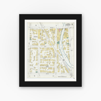 Old map wall art mockup — black gallery frame with white mat — Sanborn Fire Insurance Map from Bradford, McKean County, Pennsylvania (1899), Sheet #0003