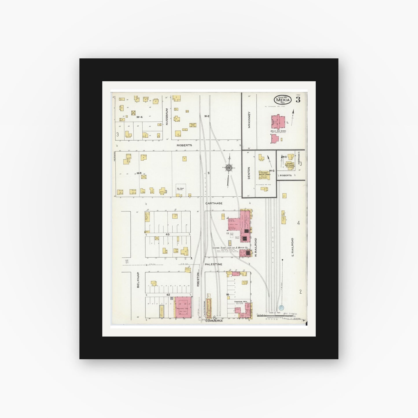 Old map wall art mockup — black gallery frame with white mat — Sanborn Fire Insurance Map from Mexia, Limestone County, Texas (1921), Sheet #0003