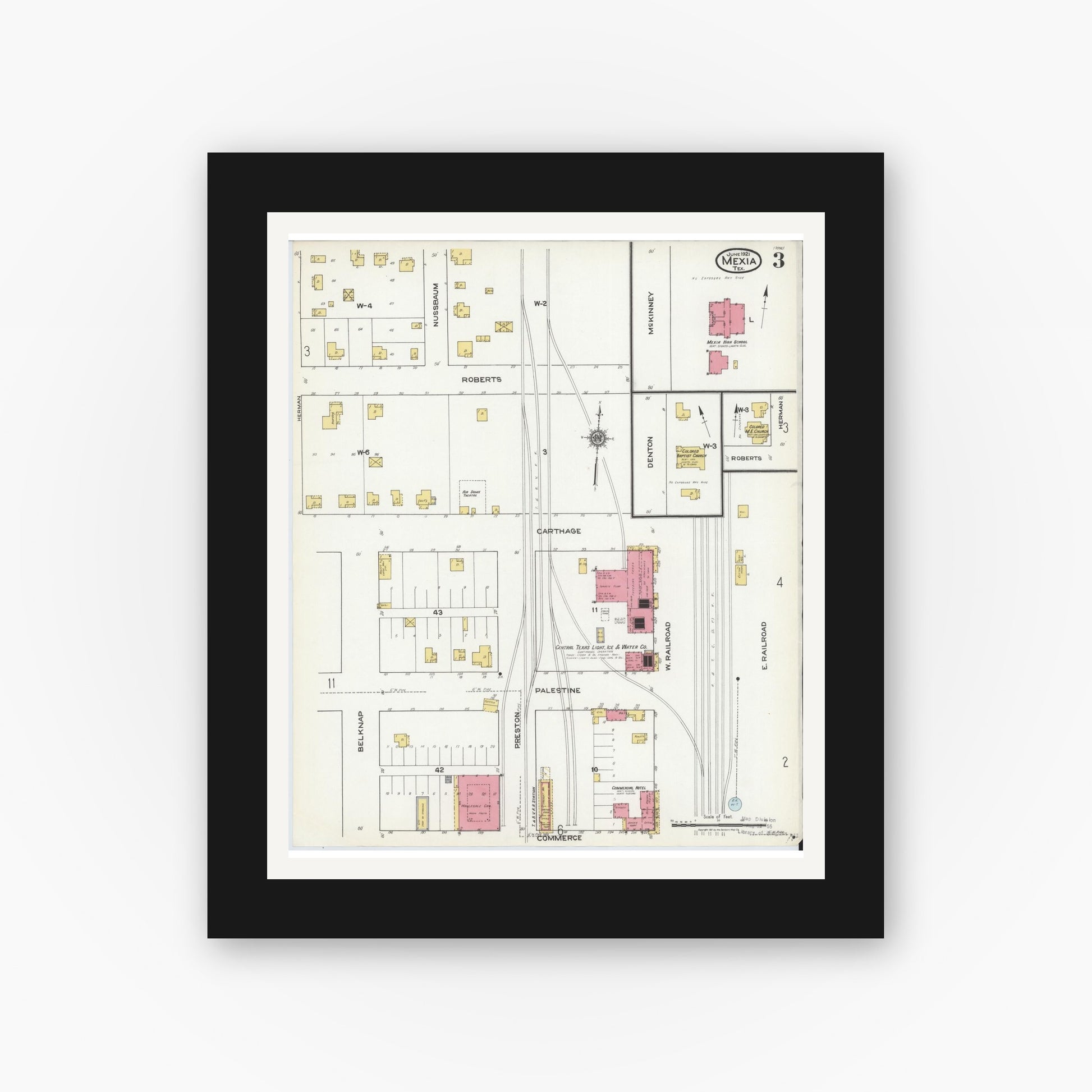 Old map wall art mockup — black gallery frame with white mat — Sanborn Fire Insurance Map from Mexia, Limestone County, Texas (1921), Sheet #0003