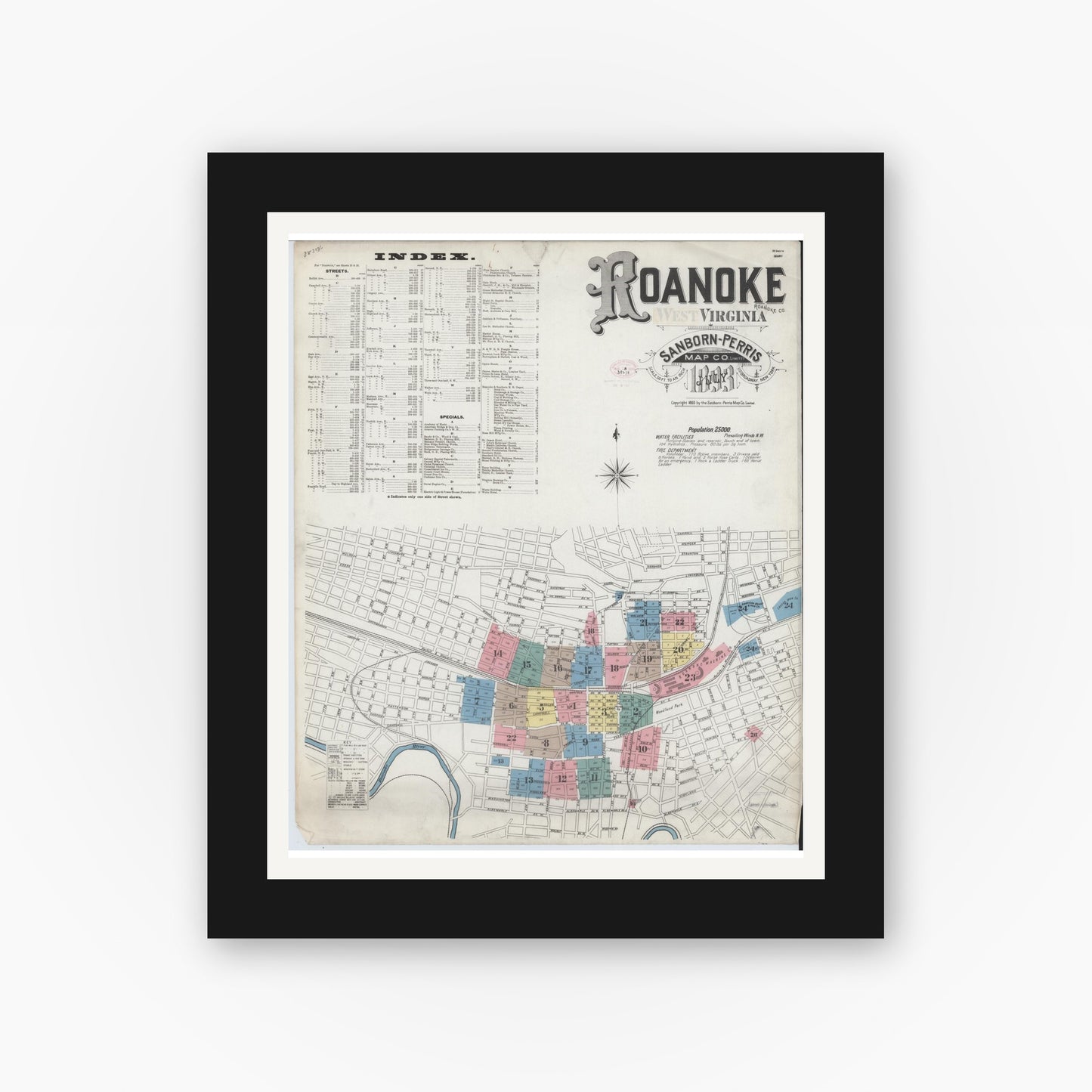 Old map wall art mockup — black gallery frame with white mat — Sanborn Fire Insurance Map from Roanoke, Independent Cities, Virginia (1893), Sheet #0001