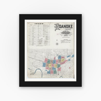 Old map wall art mockup — black gallery frame with white mat — Sanborn Fire Insurance Map from Roanoke, Independent Cities, Virginia (1893), Sheet #0001