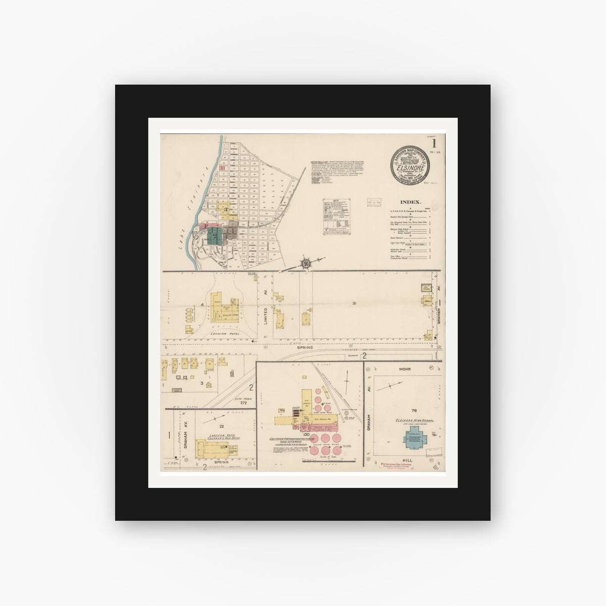 Old map wall art mockup — black gallery frame with white mat — Sanborn Fire Insurance Map from Elsinore, Riverside County, California (1914), Sheet #0001