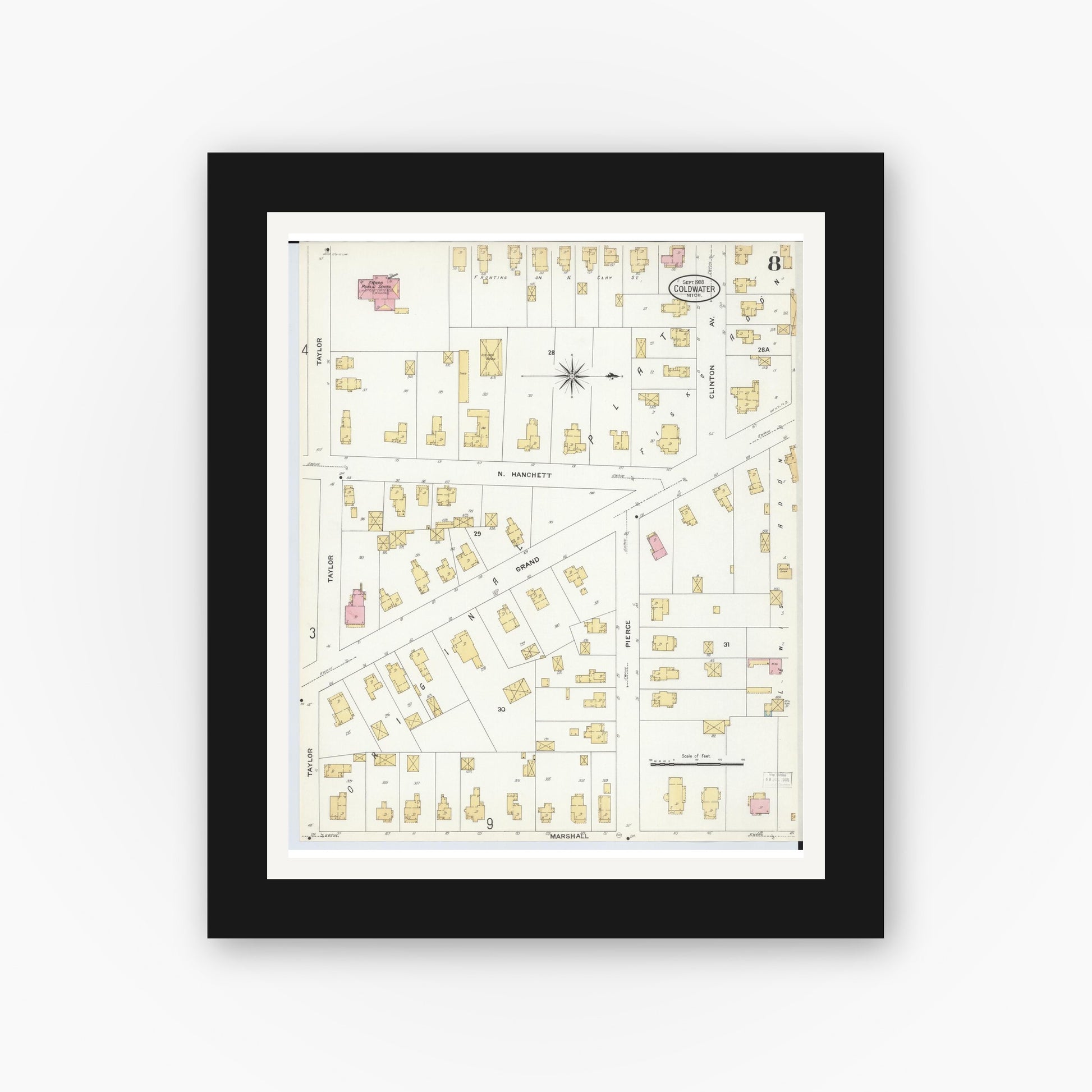 Old map wall art mockup — black gallery frame with white mat — Sanborn Fire Insurance Map from Coldwater, Branch County, Michigan (1908), Sheet #0008