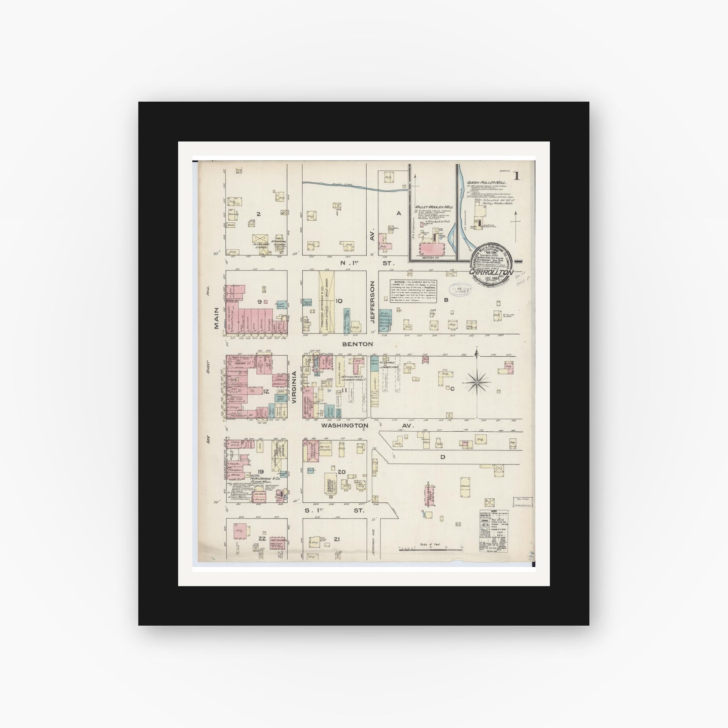 Old map wall art mockup — black gallery frame with white mat — Sanborn Fire Insurance Map from Carrollton, Carroll County, Missouri (1883) - Complete Map Set