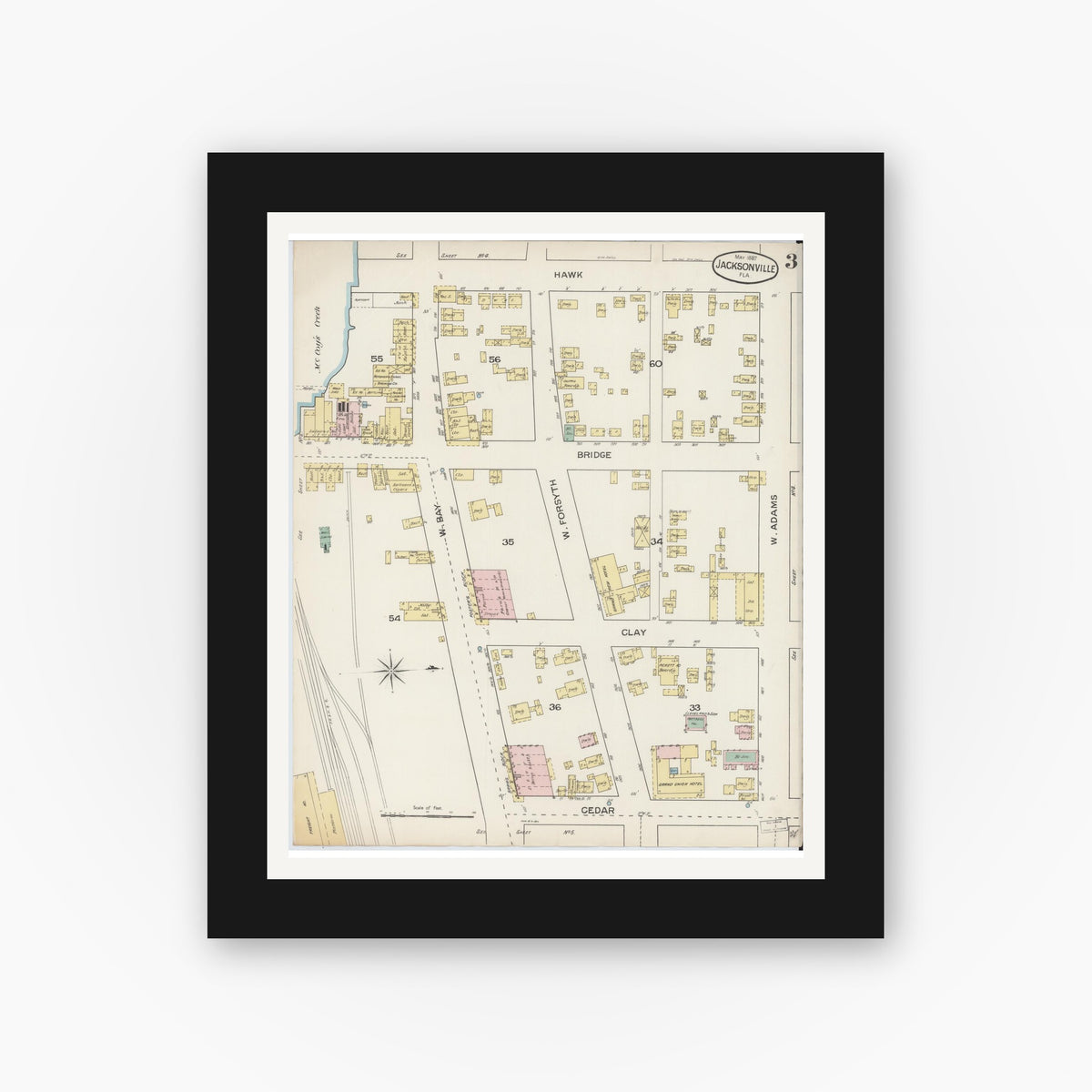 Old map wall art mockup — black gallery frame with white mat — Sanborn Fire Insurance Map from Jacksonville, Duval County, Florida (1887), Sheet #0003