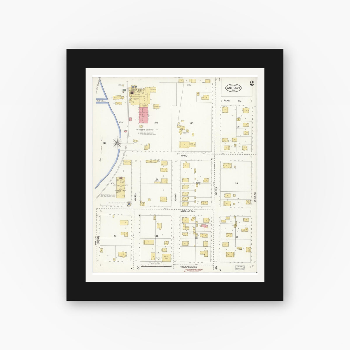 Old map wall art mockup — black gallery frame with white mat — Sanborn Fire Insurance Map from Antioch, Contra Costa County, California (1908), Sheet #0002