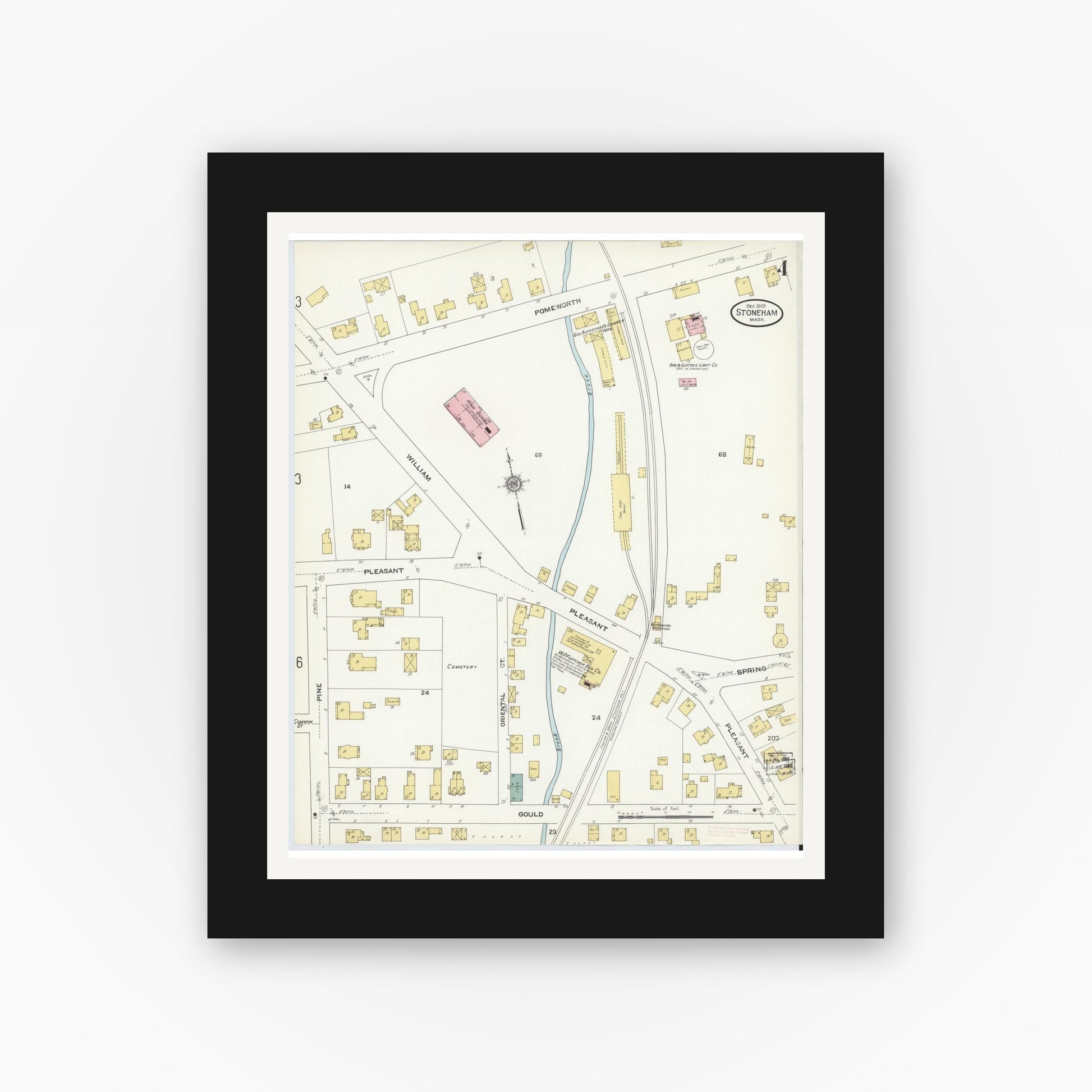 Old map wall art mockup — black gallery frame with white mat — Sanborn Fire Insurance Map from Stoneham, Middlesex County, Massachusetts (1909), Sheet #0004