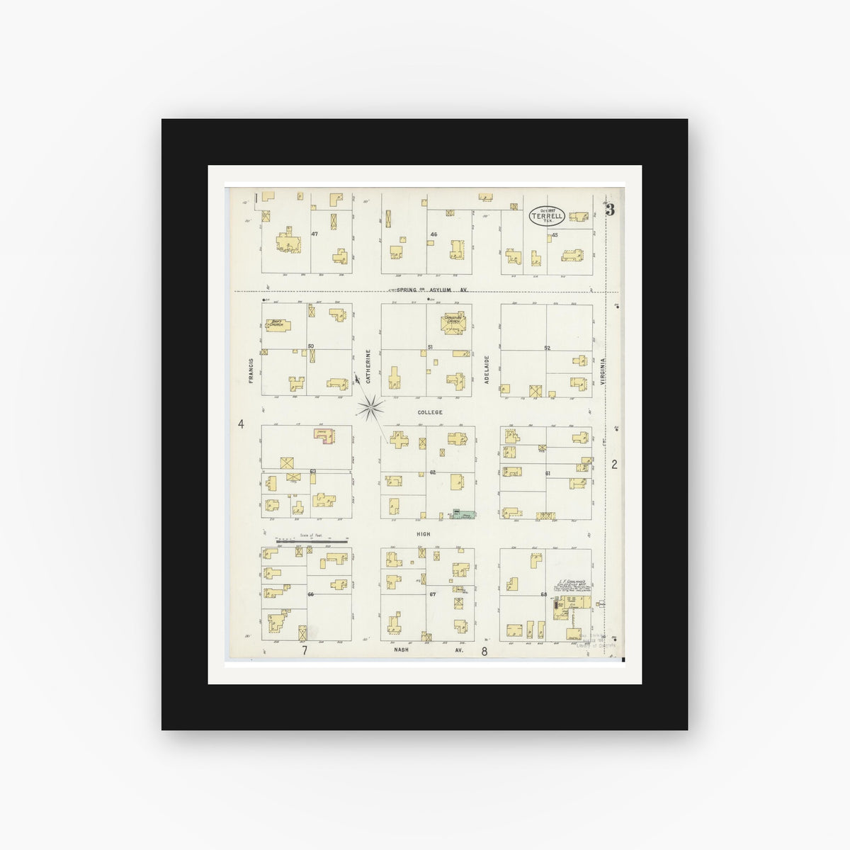 Old map wall art mockup — black gallery frame with white mat — Sanborn Fire Insurance Map from Terrell, Kaufman County, Texas (1897), Sheet #0003