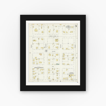 Old map wall art mockup — black gallery frame with white mat — Sanborn Fire Insurance Map from Terrell, Kaufman County, Texas (1897), Sheet #0003