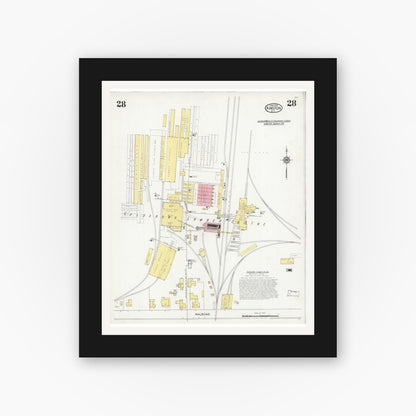 Old map wall art mockup — black gallery frame with white mat — Sanborn Fire Insurance Map from Kinston, Lenoir County, North Carolina (1925), Sheet #0028