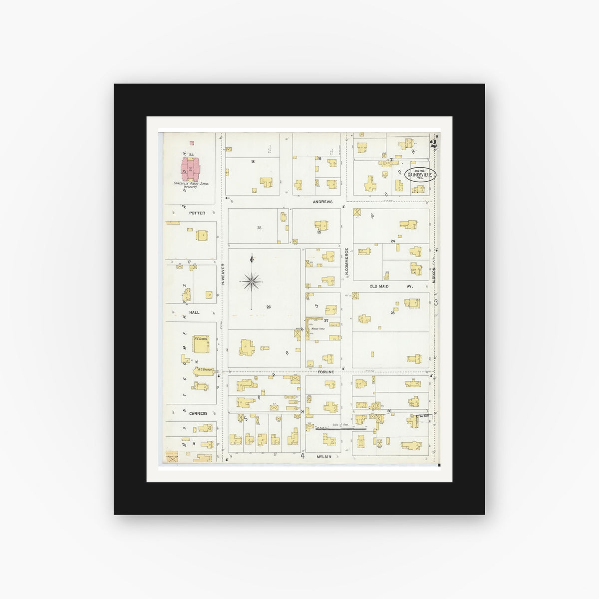 Old map wall art mockup — black gallery frame with white mat — Sanborn Fire Insurance Map from Gainesville, Cooke County, Texas (1902), Sheet #0002