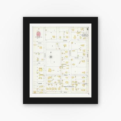 Old map wall art mockup — black gallery frame with white mat — Sanborn Fire Insurance Map from Gainesville, Cooke County, Texas (1902), Sheet #0002