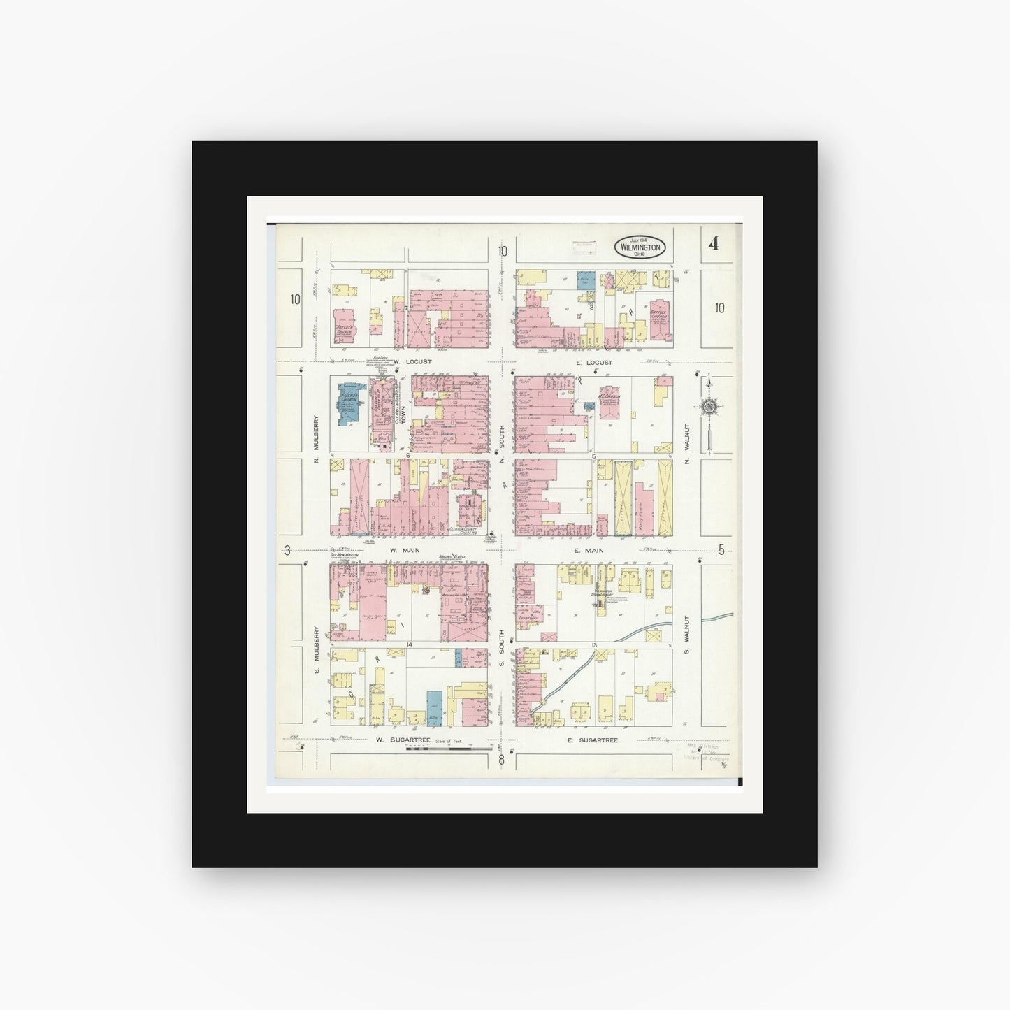 Old map wall art mockup — black gallery frame with white mat — Sanborn Fire Insurance Map from Wilmington, Clinton County, Ohio (1914), Sheet #0004