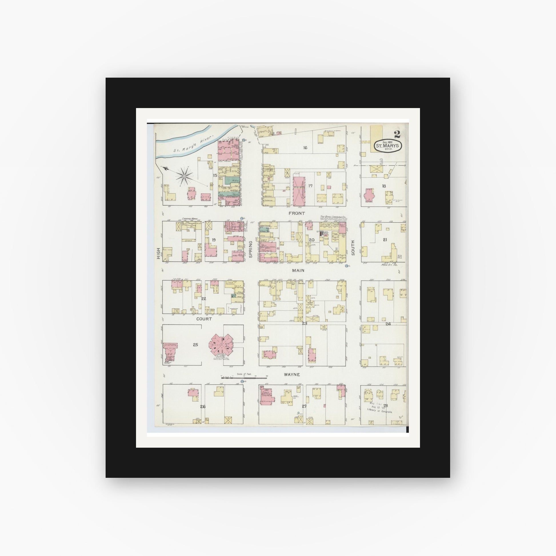 Old map wall art mockup — black gallery frame with white mat — Sanborn Fire Insurance Map from Saint Marys, Auglaize County, Ohio (1892), Sheet #0002