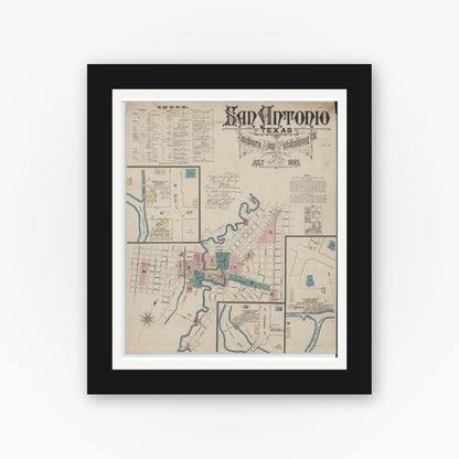 Old map wall art mockup — black gallery frame with white mat — Sanborn Fire Insurance Map from San Antonio, Bexar County, Texas (1885), Sheet #0001