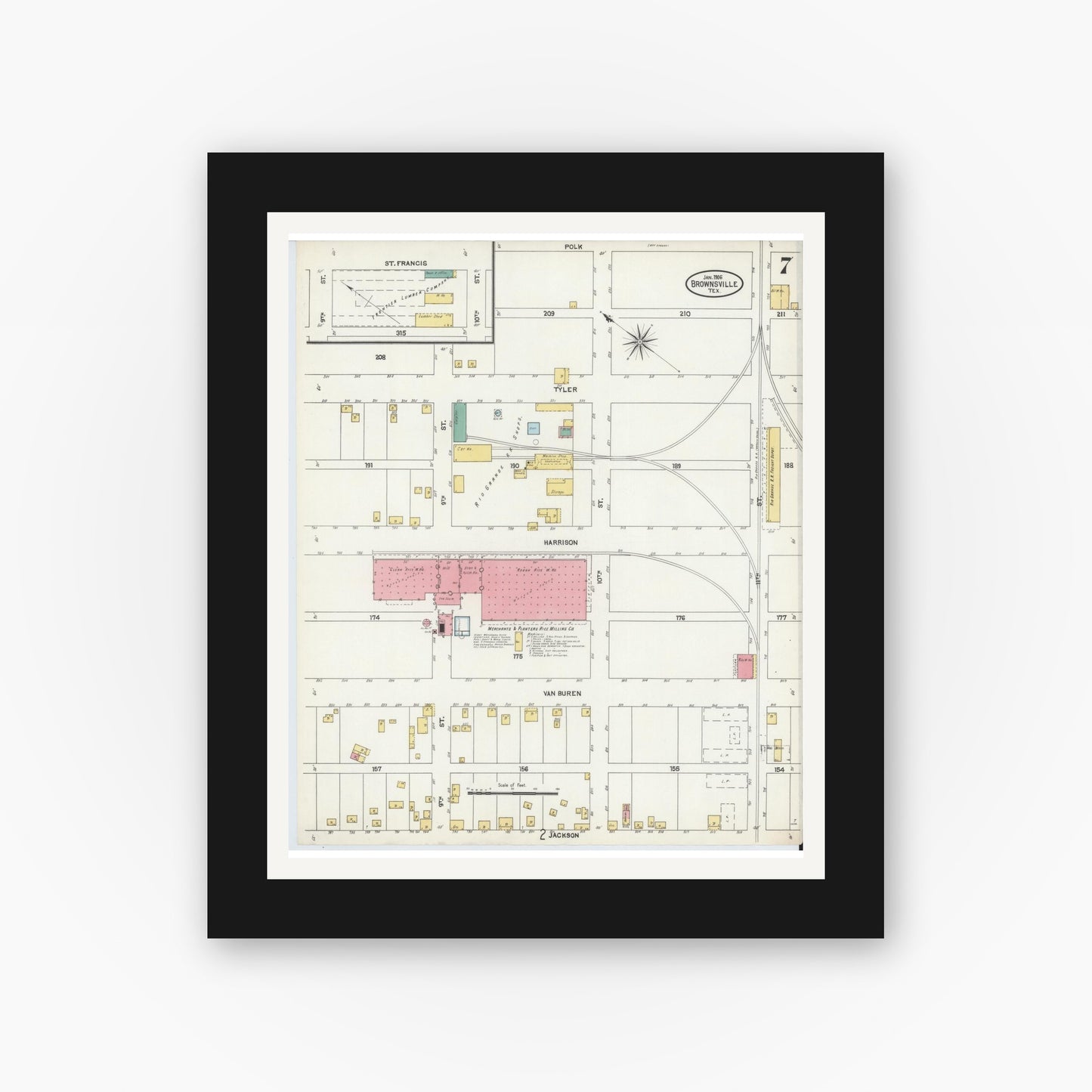Old map wall art mockup — black gallery frame with white mat — Sanborn Fire Insurance Map from Brownsville, Cameron County, Texas (1906), Sheet #0007