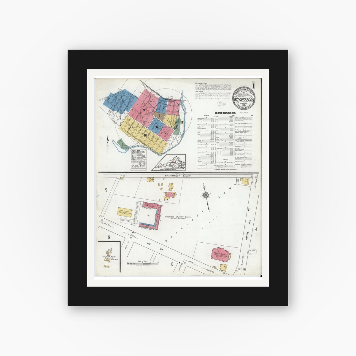 Old map wall art mockup — black gallery frame with white mat — Sanborn Fire Insurance Map from Waynesboro, Independent Cities, Virginia (1920) - Complete Map Set