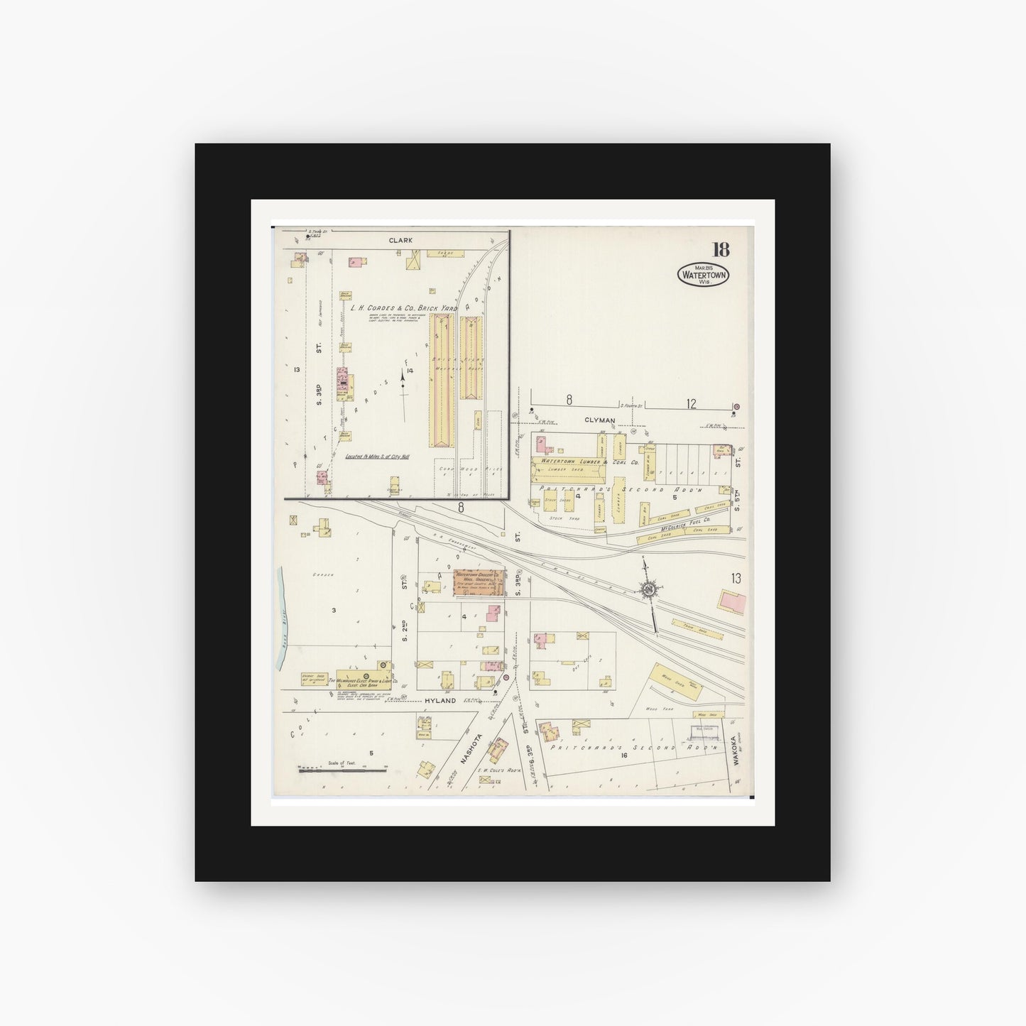 Old map wall art mockup — black gallery frame with white mat — Sanborn Fire Insurance Map from Watertown, Jefferson County, Wisconsin (1915), Sheet #0019