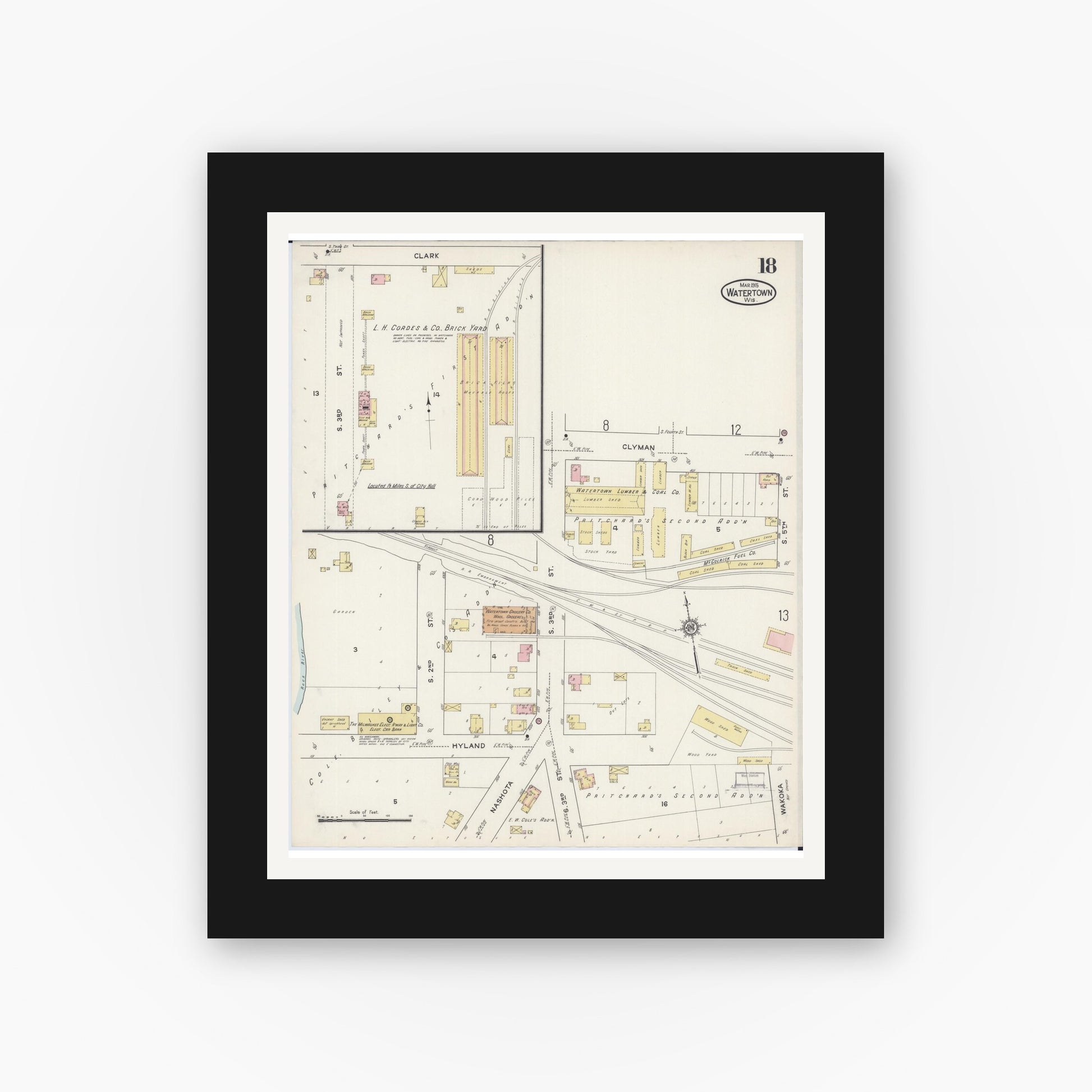 Old map wall art mockup — black gallery frame with white mat — Sanborn Fire Insurance Map from Watertown, Jefferson County, Wisconsin (1915), Sheet #0019