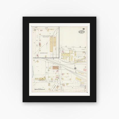 Old map wall art mockup — black gallery frame with white mat — Sanborn Fire Insurance Map from Watertown, Jefferson County, Wisconsin (1915), Sheet #0019