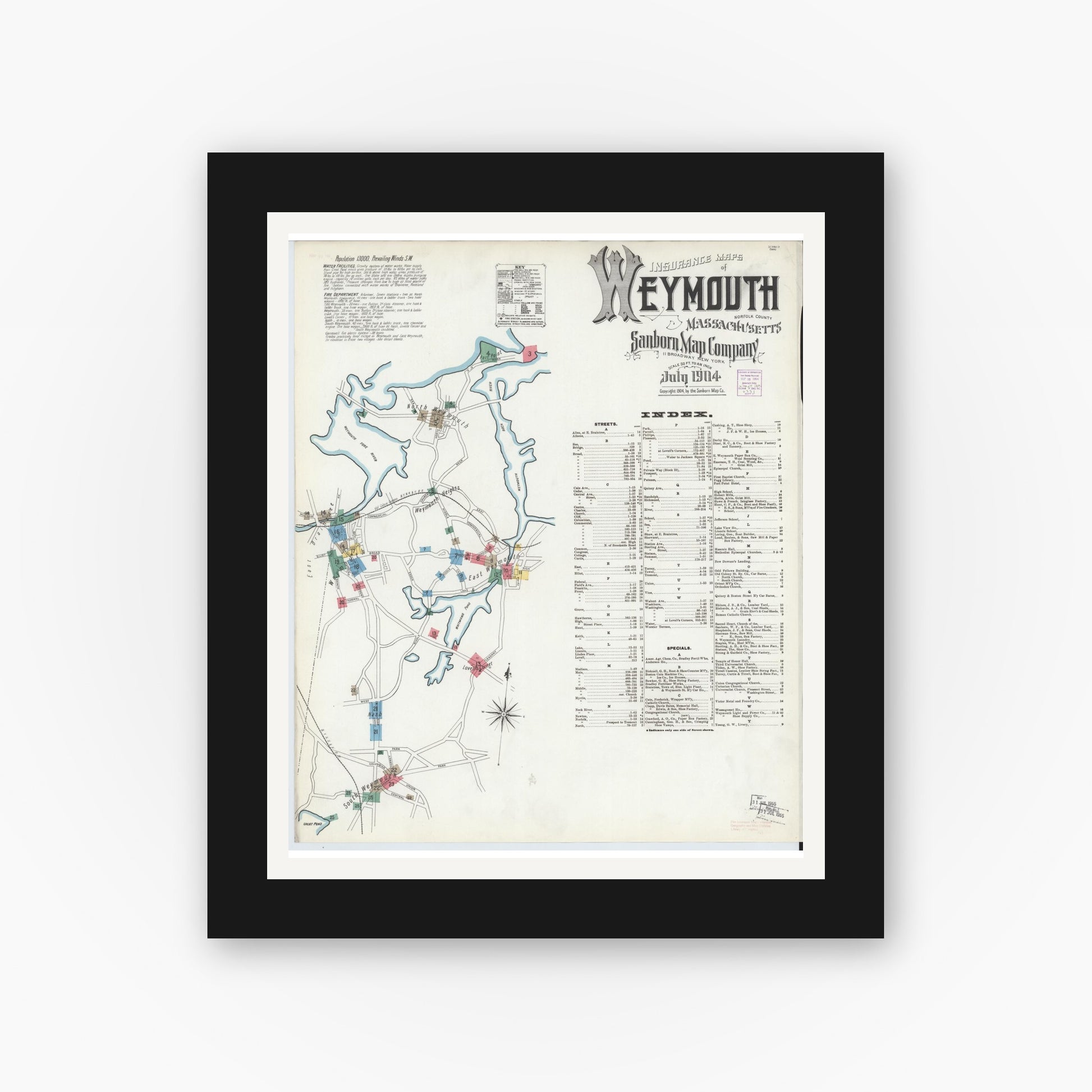 Old map wall art mockup — black gallery frame with white mat — Sanborn Fire Insurance Map from Weymouth, Norfolk County, Massachusetts (1904) - Complete Map Set